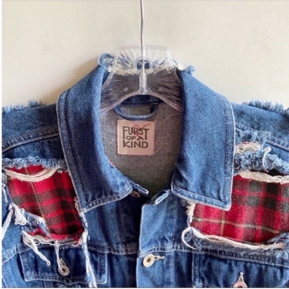 Furst of a Kind LF jacket denim distressed destroyed patches red plaid rework - Picture 7 of 9